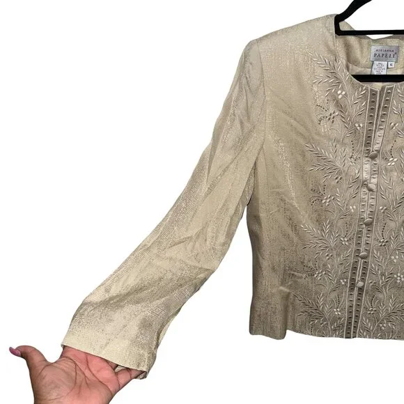 Adrianna Papell 100% Silk Jacket Women's Gold Long Sleeve Vintage Embroidered 16 - Picture 3 of 16